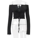 Womens Long Sleeve Off Shoulder Crop Top Solid Color Hollow Out Lace Up Design Trendy Autumn Fas