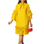 Elegant Layered Ruffle Bell Sleeve Dress Fashionable Loose Fit Tie Detail Perfect for Casual or