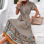 Floral A Line Dress for Women Short Sleeve Khaki Summer Casual Wear OEM ODM service