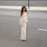 Lace One Shoulder Dress Sexy Hollow Out Long Sleeve Bow Detail Autumn Winter Fashion Wholesale A