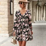 V Neck Long Sleeve Printed Dress Elegant Autumn Fashion Womens Casual Wear Wholesale Available