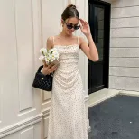 French Style Polka Dot Slip Dress Sleeveless Bodycon Fit Elegant Neckline Summer Vacation Wear W