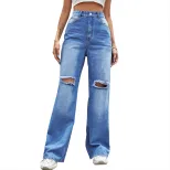 Womens Gradient Denim Jeans Fashionable Distressed Loose Fit Wide Leg Casual Wear Ready to Ship