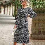 Womens Long Sleeve Black Floral Dress Elegant Design Autumn Winter Style Wholesale Available OEM