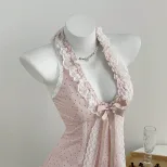 Polka Dot V Neck Cake Dress Bow Tie Neckline Waist Defined Womens Fashion Perfect for Parties an