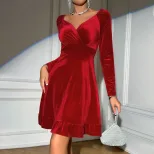 Elegant Red V Neck Dress Autumn Winter Fashion Versatile Style Short Length Wholesale Availabili