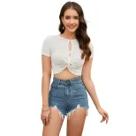 Womens Sexy Knotted Crop Top Slim Fit Textured Fabric Short Sleeve Spring Summer Fashion Wholesa