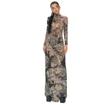 Fashionable Womens Sheer Mesh Floral Print Dress High Neck Slim Fit Trendy Style Perfect for Spr