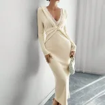 Lace Deep V Cross Body Fitted Knit Dress Long Sleeve Midi Length Bodycon Style Elegant for Dates