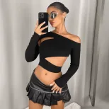 Womens Irregular Asymmetrical Neck Y2K Long Sleeve T Shirt Trendy European and American Style Sp