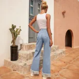 Womens Straight Leg Casual Jeans Versatile Flared Hem Distressed Finish Comfortable Fit Perfect