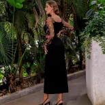 Elegant Womens Dress Heart Shaped Neckline Floral Embroidery Sheer Fabric Slim Fit Perfect for P