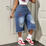 Womens Distressed Denim Capris Casual Summer Style Blue Color Available in S to XL Wholesale Supply