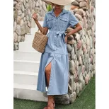 Elegant V Neck Denim Dress Womens Fashion European and American Style Chic Design Perfect for Ca