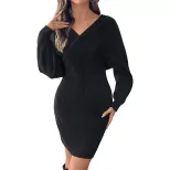 Casual Batwing Sleeve Sweater Dress V Neck Bodycon Fit Black Color Perfect for Everyday Wear Who