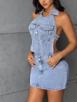 Backless Denim Dress Halter Neck Casual Style Summer Wear Ready to Ship Low MOQ custom packaging