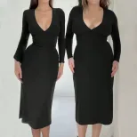 Womens V Neck Midi Dress Simple Solid Color Adjustable Waist Drawstring Spring Summer Casual Wea