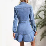 Vintage Inspired Long Sleeve Denim Dress Slim Fit Waist Cinching Design Casual Style Ready to Sh
