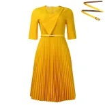 V Neck Pleated Dress Solid Color Fashionable Elegant Perfect for African Occasions Wholesale Ava