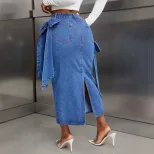 High Waisted Denim Skirt European and American Style Bow Design Color Block Casual Wear for Wome