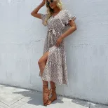 Summer Fashion Leopard Print Midi Dress for Women Short Sleeve Split Design Trendy Style Perfect