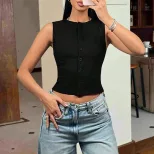 Sleeveless Knit Crop Top Round Neck Slim Fit Lightweight Fabric Spring Summer Casual Wear Wholes