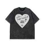 Loose Fit Heart Print Short Sleeve T Shirt for Women Vintage Wash Design Casual Style Summer Wea