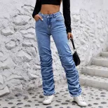 Womens Casual Layered Wide Leg Wrinkled Denim Pants Stretchy Fabric Relaxed Fit Trendy Style Who