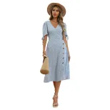 Vintage Floral Midi Dress Slim Fit V Neck Puff Sleeves Side Slit Perfect for Spring Summer Event