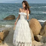 Elegant Off Shoulder Sleeveless Dress French Style Sweet Aesthetic High Quality Fabric Spring Su