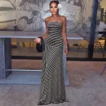 Womens Summer Dress French Style Striped Halter Neck Long Dress Sexy Backless Design