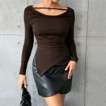Irregular Hem Long Sleeve Top Small V Neck Waist Cinching Design Elegant Style Perfect for Casua
