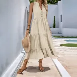 Summer Casual Midi Dress Button Detail Solid Color V Neck Sleeveless Perfect for Everyday Wear W