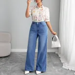 Loose Fit Pearl Lace Wide Leg Jeans Simple Fresh Design Casual Wear for Women Wholesale Availabl