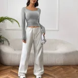 Womens Short Sleeve Round Neck T Shirt Fashionable Solid Color Versatile Style Spring Summer Cas