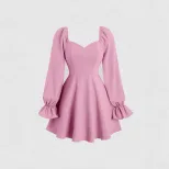 Pink Sweetheart Puff Sleeve Mini Dress Square Neck Waist Defining Flattering Fit Spring Summer F
