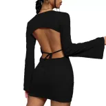 Womens Long Sleeve Bodycon Dress Sexy Backless Round Neck Flared Sleeve Perfect for Parties and