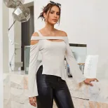 Off Shoulder Hollow Out Top Slim Fit Long Sleeve Side Slit Trendy Casual Wear for Women Wholesal