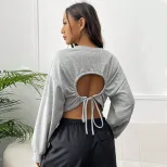 High Waisted Cropped Sweatshirt Drawstring Waist Loose Fit Long Sleeve Casual Style Wholesale Av