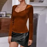 French Square Neck Long Sleeve T Shirt for Women Korean Style Slim Fit Versatile Soft Fabric Spr