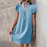 Summer Casual Loose Straight Dress Stand Collar Solid Color Comfortable Fabric Vacation Wear Who
