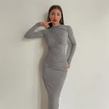 Womens Spring Dress Fashionable Solid Color Long Sleeve Slim Fit Round Neck Perfect for Casual o