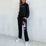 【佰分之衣】亚马逊外贸秋冬欧美休闲女装印花长袖连帽卫衣套装女
