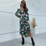 High End Womens Dress Green Floral Print V Neck Long Sleeve Spring Fall Fashion Wholesale Availa