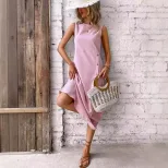 Loose Fit Sleeveless Round Neck Dress Solid Color Straight Cut Comfortable Fabric Casual Summer