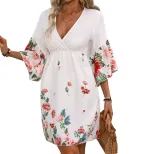 V Neck Floral Print Midi Dress for Women Three Quarter Sleeve Beach Vacation Style