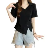 Womens V Neck Polo T Shirt Short Sleeve Plus Size Casual Chic Design Available in Apricot and Black Wholesale