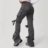 Womens Straight Leg Denim Cargo Pants Mid Rise Large Pockets Casual Style Wholesale Available
