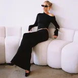 Irregular Design Long Sleeve Top and Midi Skirt Set Elegant Solid Color Slim Fit Versatile for C