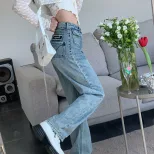 速卖通牛仔裤女2023春秋新款韩版学生时尚高腰显瘦百搭直通长裤潮